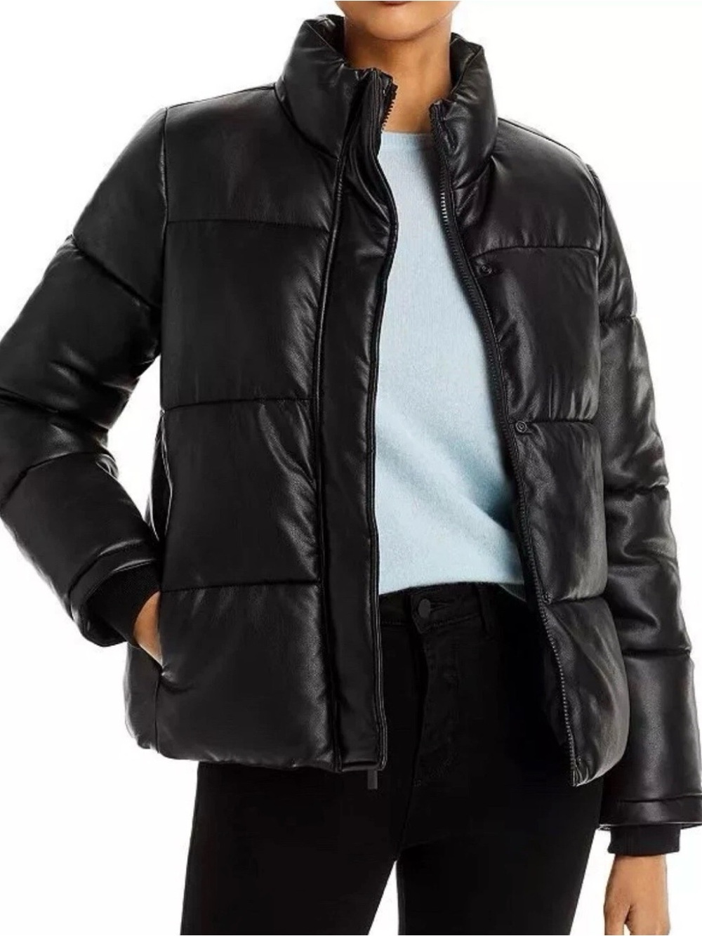 NWT Andrew Marc New York Performance Faux Leather Puffer Jacket, Black, Sz Large